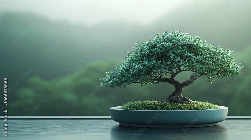 Poster a miniature bonsai tree sits on a table with a blurred background of a lush forest.
