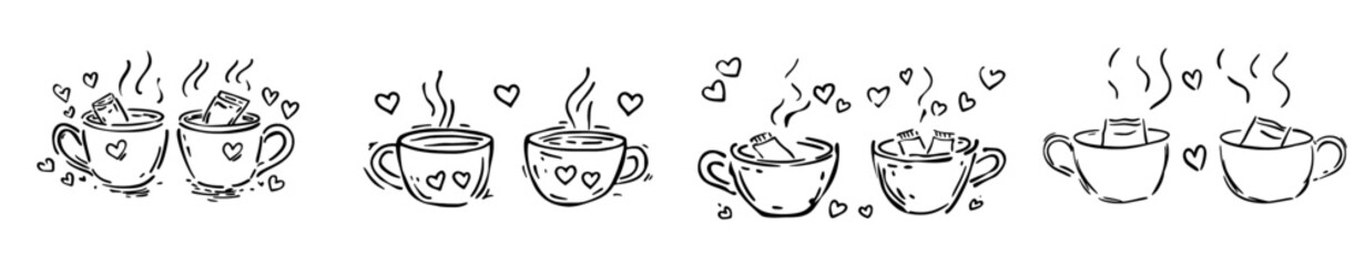 A romantic doodle with two cups of tea. A modern hand drawn illustration isolated on a white background. A Valentine's Day set featuring love elements.
