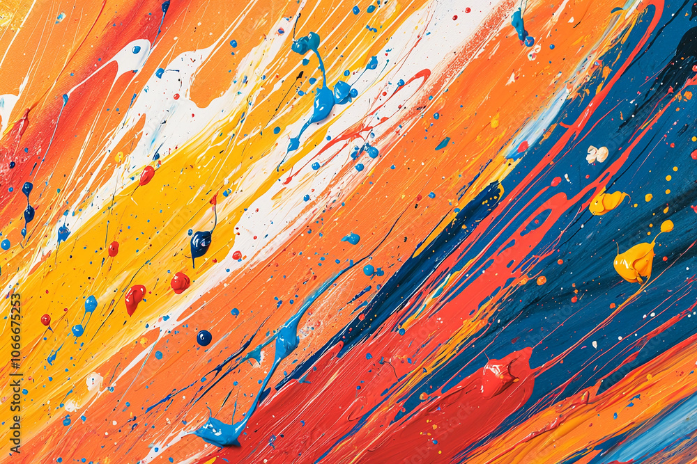 Poster vibrant abstract painting with dynamic colors and splatter techniques