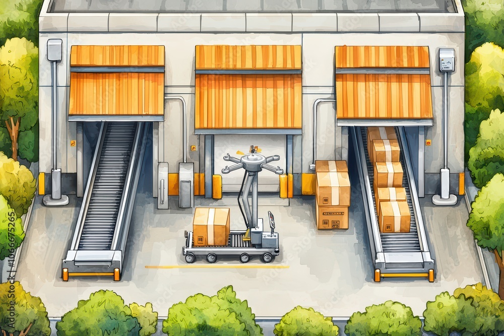 Poster delivery warehouse with loading docks and boxes on a cart in a vibrant green landscape.