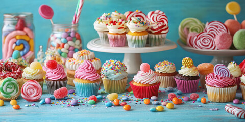 A whimsical dessert table showcasing an array of colorful candies, cupcakes, and sweet treats for a festive celebration