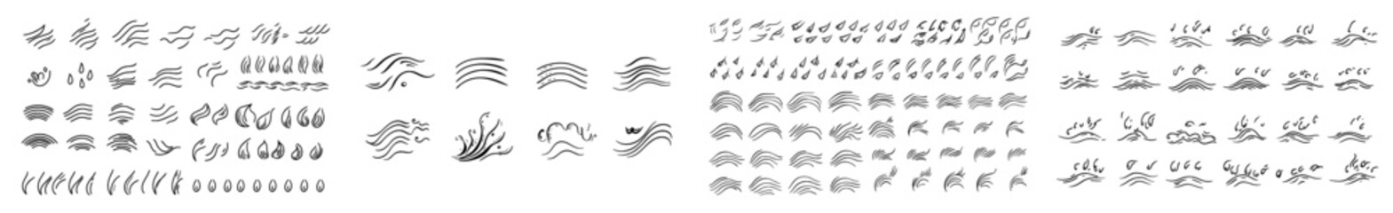 Fototapeta premium Sea wave scribble icons set. Simple wavy lines indicate ocean water flow curves. Isolated on white background.
