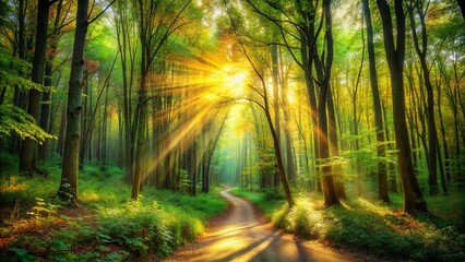 Fototapeta premium Golden sunlight streams through a dense forest canopy, illuminating a winding path that disappears into the verdant depths