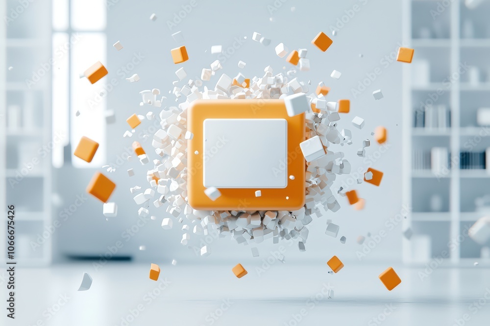 Aufkleber dynamic orange and white cube explodes in a modern, bright environment, creating a sense of energy a
