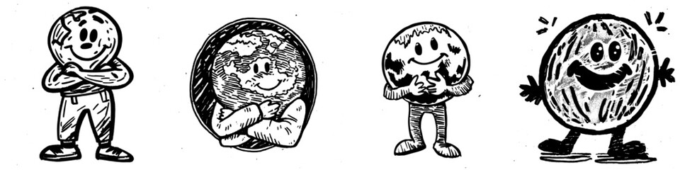 Fototapeta premium A modern illustration in a flat linear minimal hand drawn style with a logo design template, a concept about nature, and a friendly mascot for planet earth