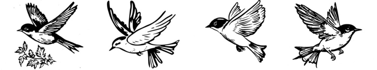 On a white background, a flyin' sparrow is silhouetted in black and white