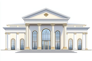 Obraz premium Elegant classical building with grand columns and large windows, detailed architectural design, white background.