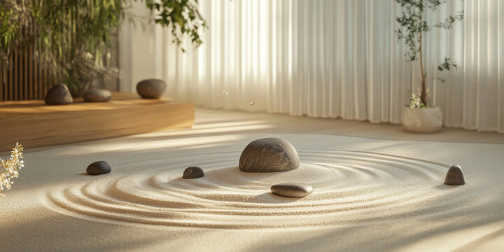 A tranquil Zen garden with raked sand and carefully placed stones, embodying the essence of mindful time