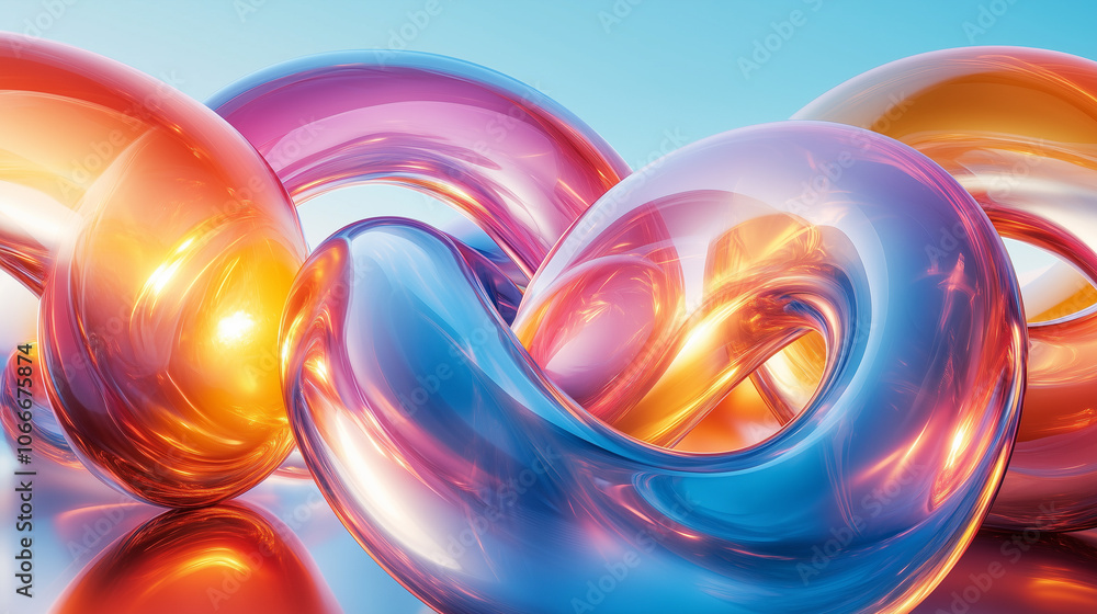 Poster a colorful, abstract design of three spheres in a spiral. the spheres are of different colors and si