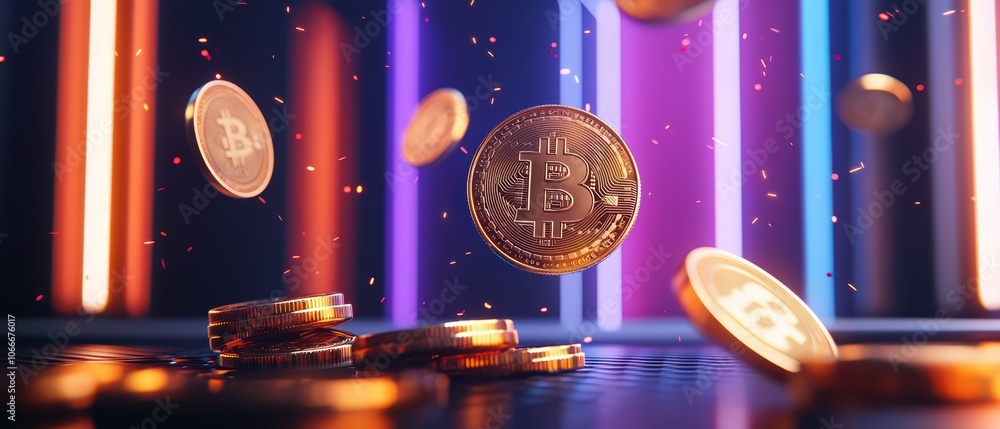 Poster falling bitcoin coins with colorful light reflections on the surface, digital currency concept.