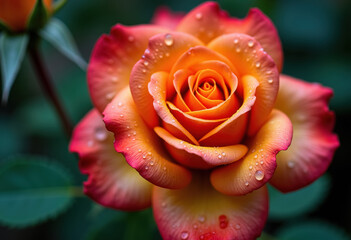 A close-up of a vibrant orange and pink rose with dewdrops