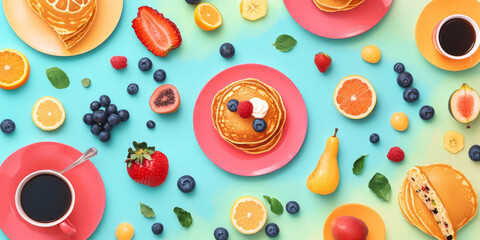 A colorful flat lay of breakfast items, including pancakes, fruits, and coffee, arranged on a bright tablecloth