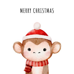 Christmas watercolor animal design with cute monkey. Cute kids illustration,perfect for greeting or post cards, prints on t-shirts, phone cases,book and other. Hand drawn baby vector