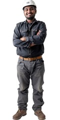 Fototapeta premium Factory Worker White Background. A Portrait of a Happy Male Employee in Industrial Helmet