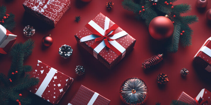 An eye-catching digital background showcasing holiday ornaments and gifts with festive patterns, highlighting Christmas sale events