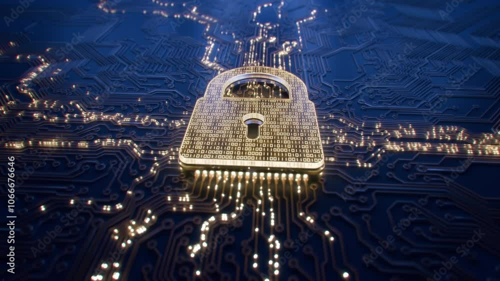 Poster digital security hologram of virtual lock icon on circuit board. concept of finance data privacy and