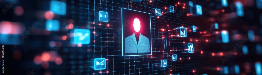 Poster futuristic digital identity concept with glowing binary background and silhouette figure.