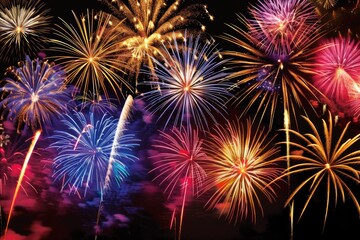 Fototapeta premium Fireworks Illustration. Colorful Explosions at Midnight Celebration for New Year Holiday