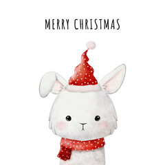 Christmas watercolor animal design with cute rabbit. Cute kids illustration,perfect for greeting or post cards, prints on t-shirts, phone cases,book and other. Hand drawn baby vector