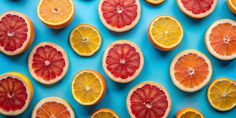 Oranges and grapefruit dance on a blue background in a double exposure fruit pattern.