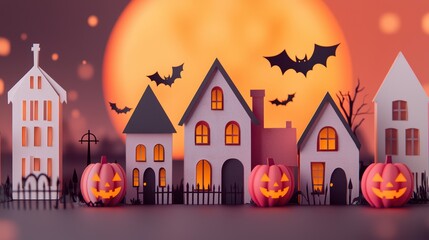 Halloween scene with spooky houses, pumpkins, bats, and a large moon in the background.