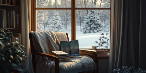 Obraz premium A cozy reading nook by a window, featuring a soft armchair, a stack of books, and a view of gently falling snow outside