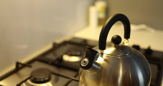 A sleek, stainless steel kettle on a gas stove, perfect for quickly boiling water for tea or coffee