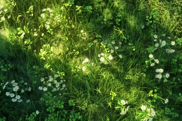 Fototapeta premium Experience the charm of spring meadows bathed in sunlight, where tall grasses sway gently in the breeze, accompanied by blooming wildflowers and the scent of nature's renewal.