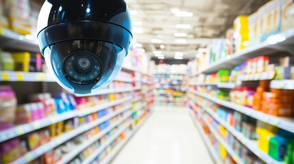 Security camera monitoring shopping aisles in a supermarket