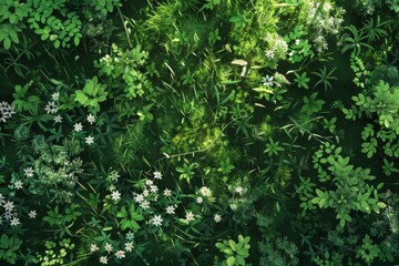 In a radiant spring meadow, sunlight filters through the lush greenery, as vibrant flowers sway with the wind, creating a serene and lively atmosphere filled with nature's beauty.