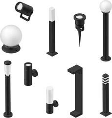 Obraz premium Garden lighting equipment set showcasing various designs and functions for enhancing outdoor spaces in nighttime environments