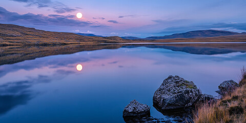 A tranquil lake reflecting a full moon, creating a serene atmosphere that captures the essence of magical moments