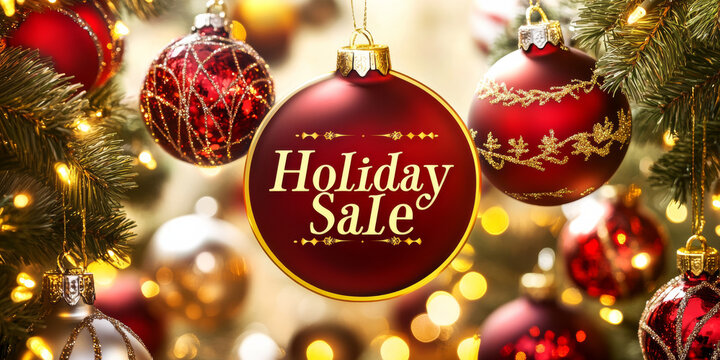 A festive holiday background featuring ornaments and lights, with prominent "Holiday Sale" text in the center