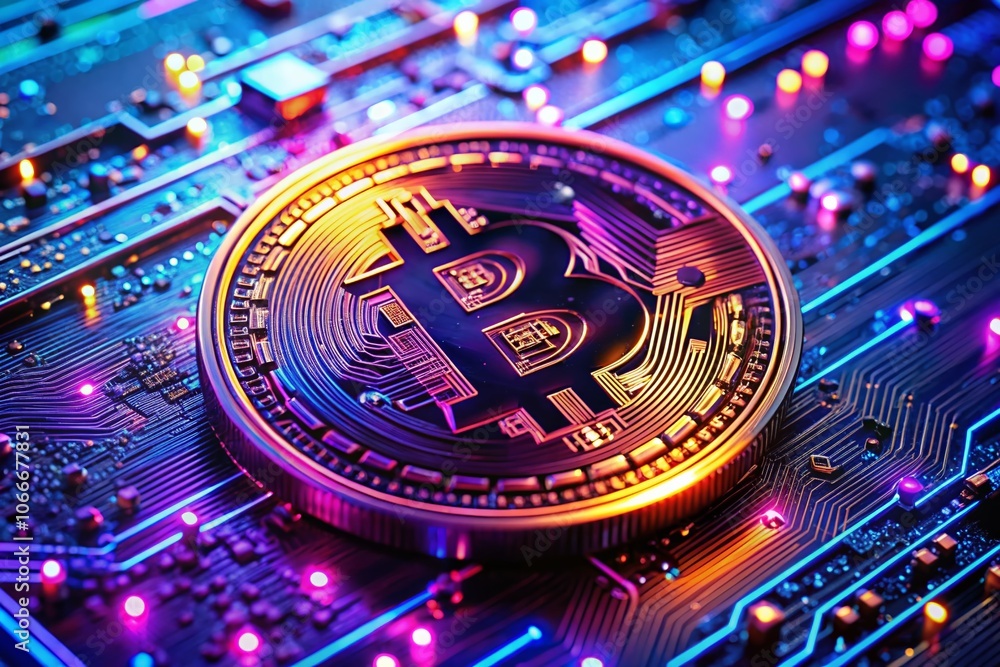 Poster macro photography of neon cryptocurrency bitcoin symbol with mining elements in a futuristic setting