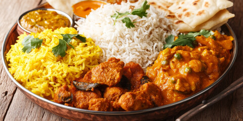 A traditional Indian thali platter with a variety of colorful curries, rice, and bread, beautifully arranged for a festive feel