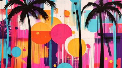 Obraz premium Nostalgic and Colorful 80s Miami Beach Graffiti Background with Palms and geometric shapes.