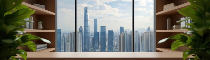 Modern office interior with a stunning city skyline view and indoor plants.