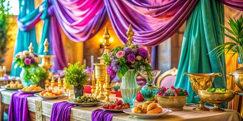 Naklejka premium Macro Photography of Toga Party Decor, Elegant Drapes, Festive Elements, Vibrant Colors, and Unique Table Settings for a Memorable Celebration Experience