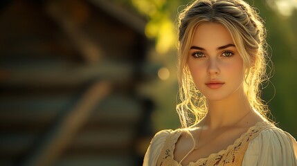 Fototapeta premium A gentle portrait of a woman in traditional Bavarian attire, face highlighted by warm, golden sunlight. Background softly blurred with hints of rustic architecture,