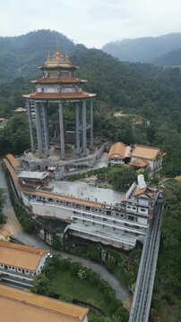 vertical Drone close up kek lok si temple Penang island Malaysia