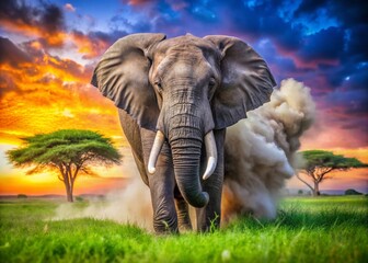 Majestic African Elephant Charging Through Dusty Landscape, Symbol of Strength and Power in Nature, Wildlife Photography, Dramatic Action Shot, Safari Adventure, Conservation Awareness