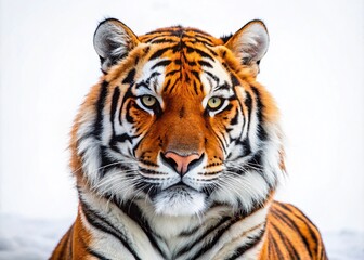 Fototapeta premium Majestic Amur Tiger Isolated on White Background, Captivating Wildlife Portrait, Striking Features, Endangered Species, Nature Conservation, Powerful Predator, Beautiful Stripes, Animal Photography