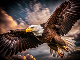 Fototapeta premium Majestic Bald Eagle Flying Isolated on White Background - Captivating Wildlife Photography, Bird in Flight, Freedom, Nature, Wildlife Conservation, American Symbol, Natural Beauty, Avian Majesty
