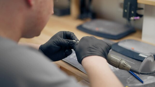 close up professional laboratory for the production of dental protoses veneers and crowns a specialist adjusts a crown to the shape of a person's jaw gums professional equipment