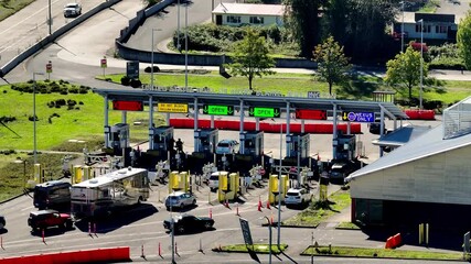 Traffic At USA-Canada Pacific Highway Port Of Entry Between South Surrey, BC And Blaine, WA. Border Crossing. aerial shot