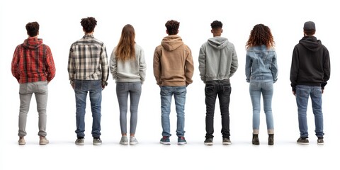Naklejka premium Modern diverse casual fashion line. Diverse people wear jeans and streetwear standing in back view. Youth in casual clothing for trends urban and contemporary styles.