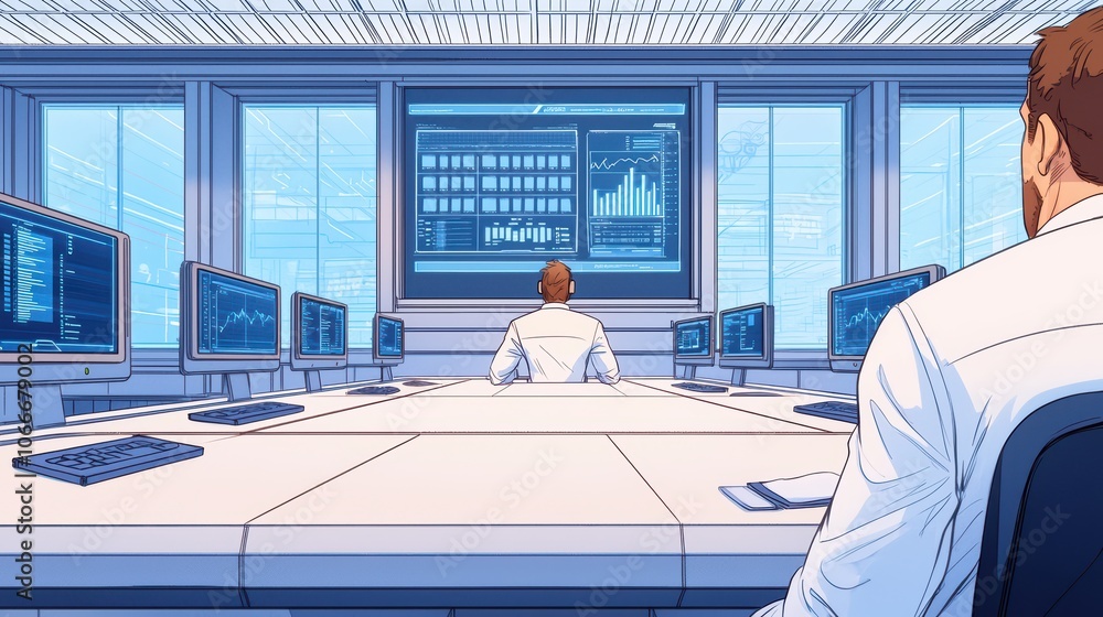 Poster scientist analyzing data in a modern laboratory with multiple screens and advanced technology.