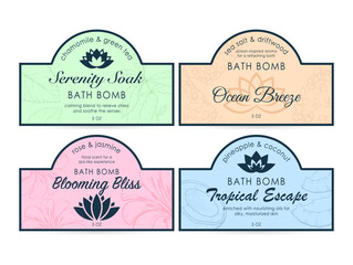 Bath bomb labels featuring chamomile, sea salt, rose, and pineapple, designed for relaxation and self-care moments