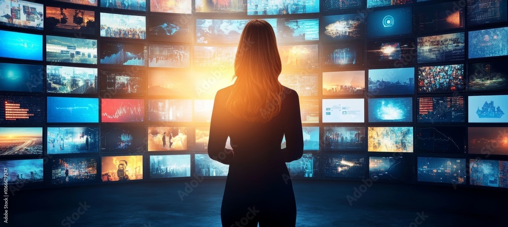 Aufkleber silhouette of businesswoman in front of wall of screens displaying data and visualizations