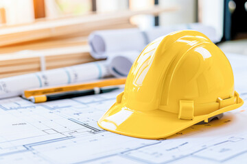 Yellow hard hat placed on architectural blueprints with pencil and rolled plans; symbolizes safety and planning in construction.